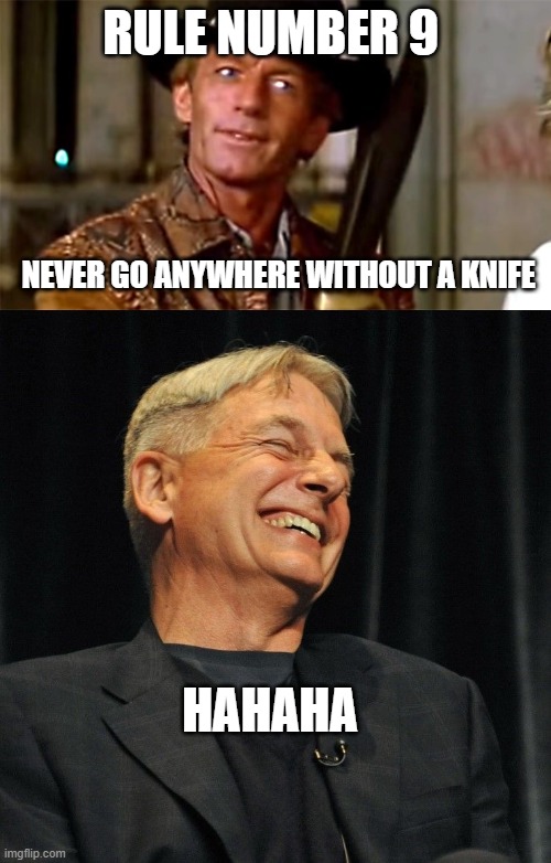 important rule ! |  RULE NUMBER 9; NEVER GO ANYWHERE WITHOUT A KNIFE; HAHAHA | image tagged in knife,follow,crocodile dundee | made w/ Imgflip meme maker