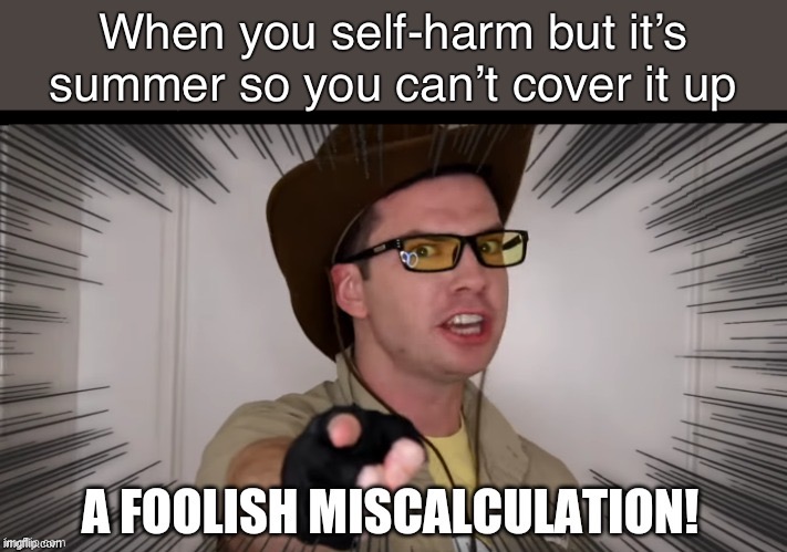 You fool! | When you self-harm but it’s summer so you can’t cover it up | image tagged in a foolish miscalculation,self-harm,depression,sadness,anxiety,mental illness | made w/ Imgflip meme maker
