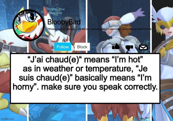 French lessons with Bloo #1 (don’t even try saying “Je suis chaud(e)” here, I didn’t need to know) | “J’ai chaud(e)“ means “I’m hot” as in weather or temperature, “Je suis chaud(e)” basically means “I’m horny”. make sure you speak correctly. | image tagged in bloo s better announcement hawkmon version | made w/ Imgflip meme maker