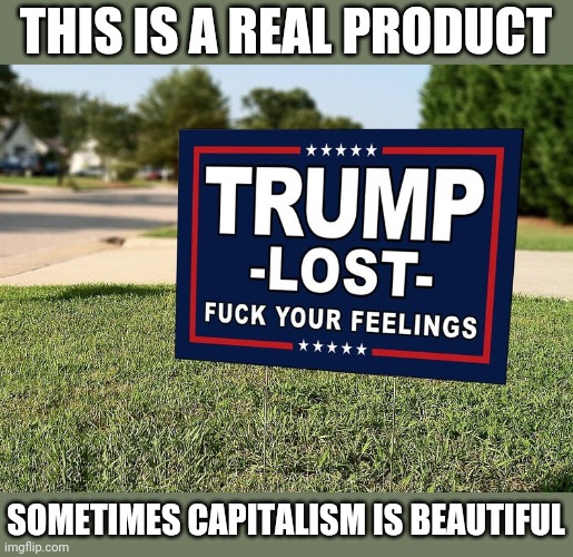 trump LOST | THIS IS A REAL PRODUCT; SOMETIMES CAPITALISM IS BEAUTIFUL | image tagged in trump lost,hurt feelings,because capitalism | made w/ Imgflip meme maker