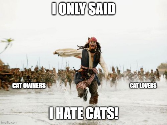 Jack Sparrow Being Chased Meme | I ONLY SAID; CAT LOVERS; CAT OWNERS; I HATE CATS! | image tagged in memes,jack sparrow being chased | made w/ Imgflip meme maker