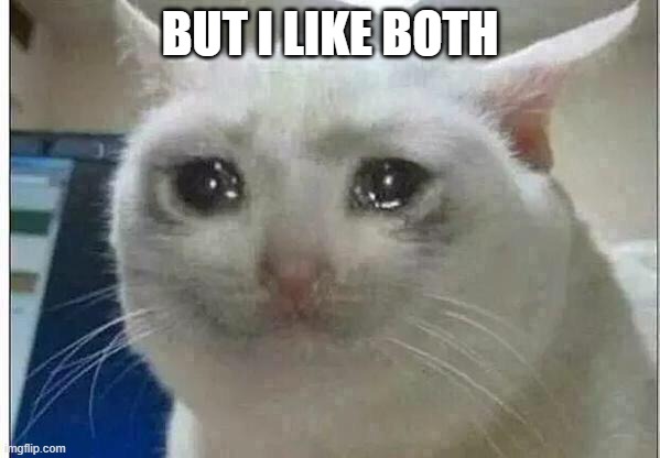 crying cat | BUT I LIKE BOTH | image tagged in crying cat | made w/ Imgflip meme maker