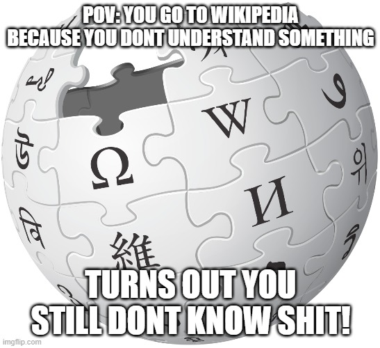 Wikepedia | POV: YOU GO TO WIKIPEDIA BECAUSE YOU DONT UNDERSTAND SOMETHING; TURNS OUT YOU STILL DONT KNOW SHIT! | image tagged in funny | made w/ Imgflip meme maker