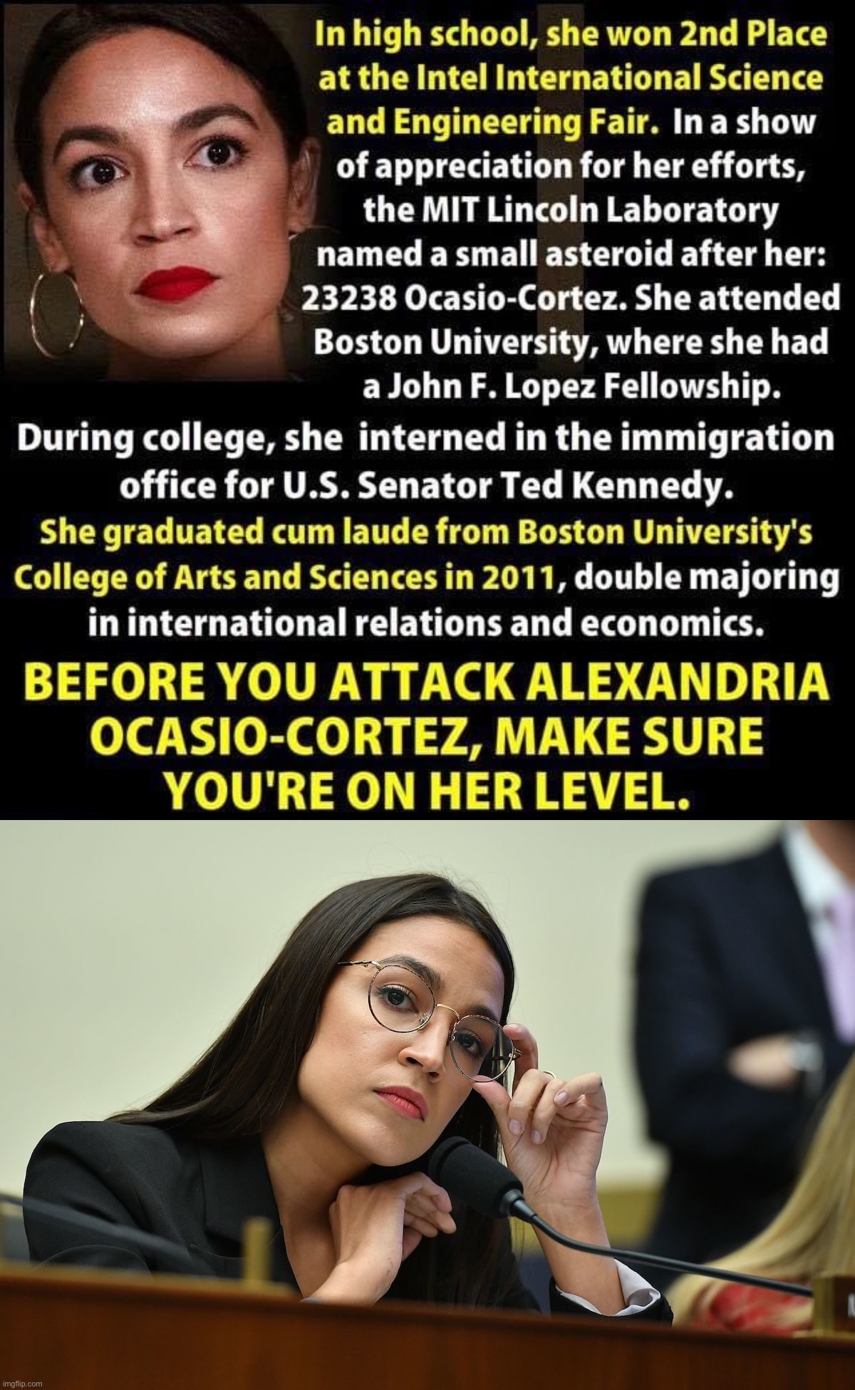 Cool facts about AOC. Just a waitress? Hardly. | image tagged in aoc smart,aoc smart glasses,aoc,alexandria ocasio-cortez,smart,graduate | made w/ Imgflip meme maker