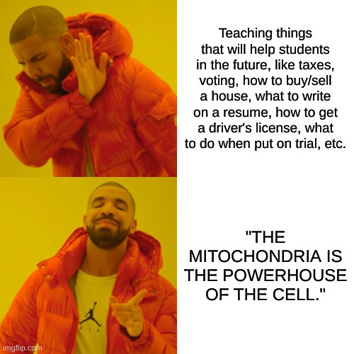 What schools teach us | Teaching things that will help students in the future, like taxes, voting, how to buy/sell a house, what to write on a resume, how to get a driver's license, what to do when put on trial, etc. "THE MITOCHONDRIA IS THE POWERHOUSE OF THE CELL." | image tagged in memes,drake hotline bling | made w/ Imgflip meme maker