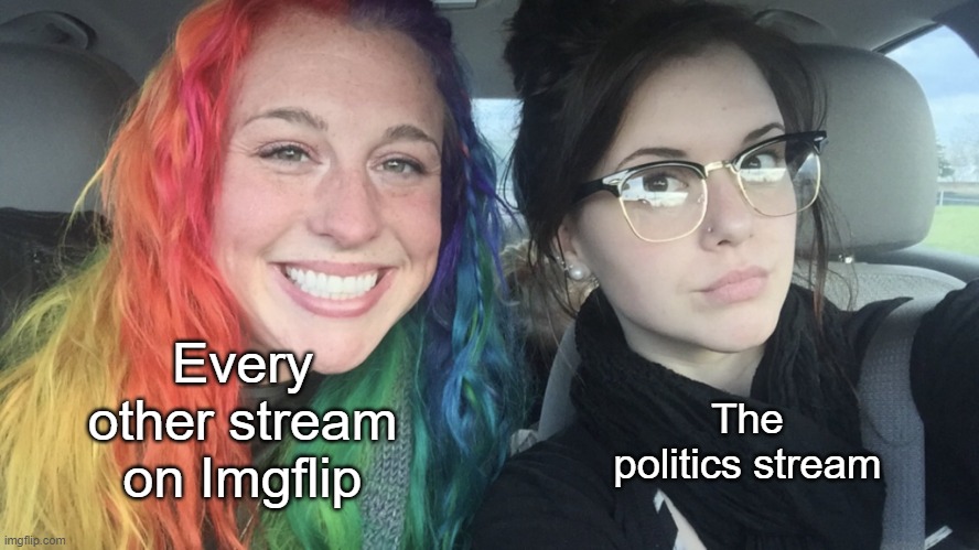 Don't go to the politics stream, kids! | Every other stream on Imgflip; The politics stream | image tagged in memes,imgflip,funny,streams,politics stream,stop reading the tags | made w/ Imgflip meme maker