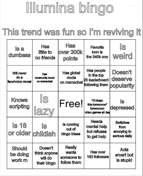 Blank Bingo | Illumina bingo; This trend was fun so I’m reviving it; Has over 300k points; Has little to no friends; Is weird; Is a dumbass; Favorite icon is the 340k one; Has global mods on memechat; Will never do a face/voice reveal; Doesn’t deserve popularity; Has people in the top 25 leaderboard following them; Has community mods on memechat; Knows scripting; Is depressed; Is lazy; “I’ll finish this tommorow” tommorow: video games all day; Is 18 or older; Is childish; Switches from annoying to serious daily; Needs mental help but refuses to get help; Is running out of bingo ideas; Doesn’t think anyone will do their bingo; Acts smart but is stupid; Should be doing work rn; Really wants someone to follow them; Has over 150 followers | image tagged in blank bingo | made w/ Imgflip meme maker