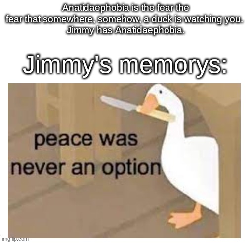 This is why Anatidaephobia exists. | Anatidaephobia is the fear the fear that somewhere, somehow, a duck is watching you. 
Jimmy has Anatidaephobia. Jimmy's memorys: | image tagged in untitled goose peace was never an option | made w/ Imgflip meme maker