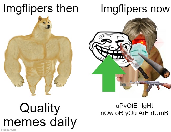 Buff Doge vs. Cheems Meme |  Imgflipers then; Imgflipers now; Quality memes daily; uPvOtE rIgHt nOw oR yOu ArE dUmB | image tagged in memes,buff doge vs cheems | made w/ Imgflip meme maker