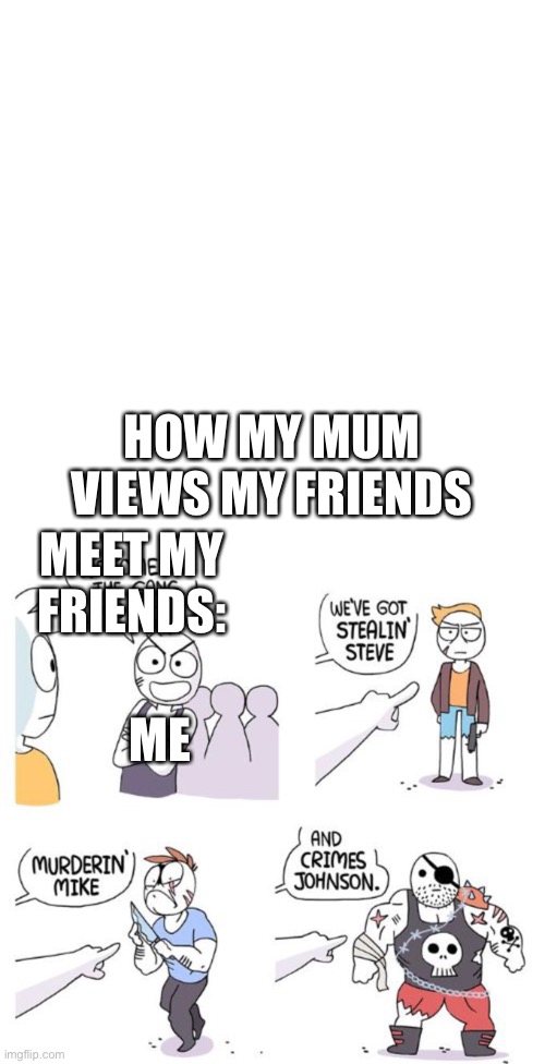 Henlo | HOW MY MUM VIEWS MY FRIENDS; MEET MY FRIENDS:; ME | image tagged in memes,blank transparent square,crimes johnson | made w/ Imgflip meme maker