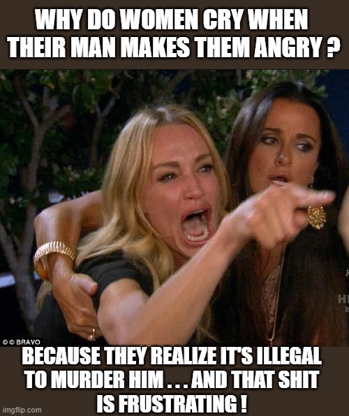 taylor armstrong crying | WHY DO WOMEN CRY WHEN 
THEIR MAN MAKES THEM ANGRY ? BECAUSE THEY REALIZE IT'S ILLEGAL
TO MURDER HIM . . . AND THAT SHIT
IS FRUSTRATING ! | image tagged in funny meme,funny shit,angry women,angry woman,frustrating,murder | made w/ Imgflip meme maker