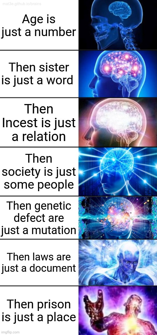 Age is number | Age is just a number; Then sister is just a word; Then Incest is just a relation; Then society is just some people; Then genetic defect are just a mutation; Then laws are just a document; Then prison is just a place | image tagged in 7-tier expanding brain | made w/ Imgflip meme maker