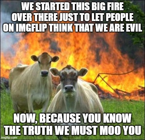 Evil? | WE STARTED THIS BIG FIRE OVER THERE JUST TO LET PEOPLE ON IMGFLIP THINK THAT WE ARE EVIL; NOW, BECAUSE YOU KNOW THE TRUTH WE MUST MOO YOU | image tagged in memes,evil cows | made w/ Imgflip meme maker