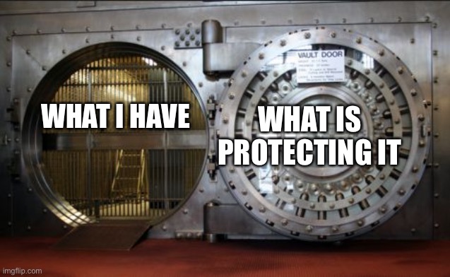 I propose we use this template | WHAT IS PROTECTING IT; WHAT I HAVE | image tagged in bank vault,crusader,armor | made w/ Imgflip meme maker