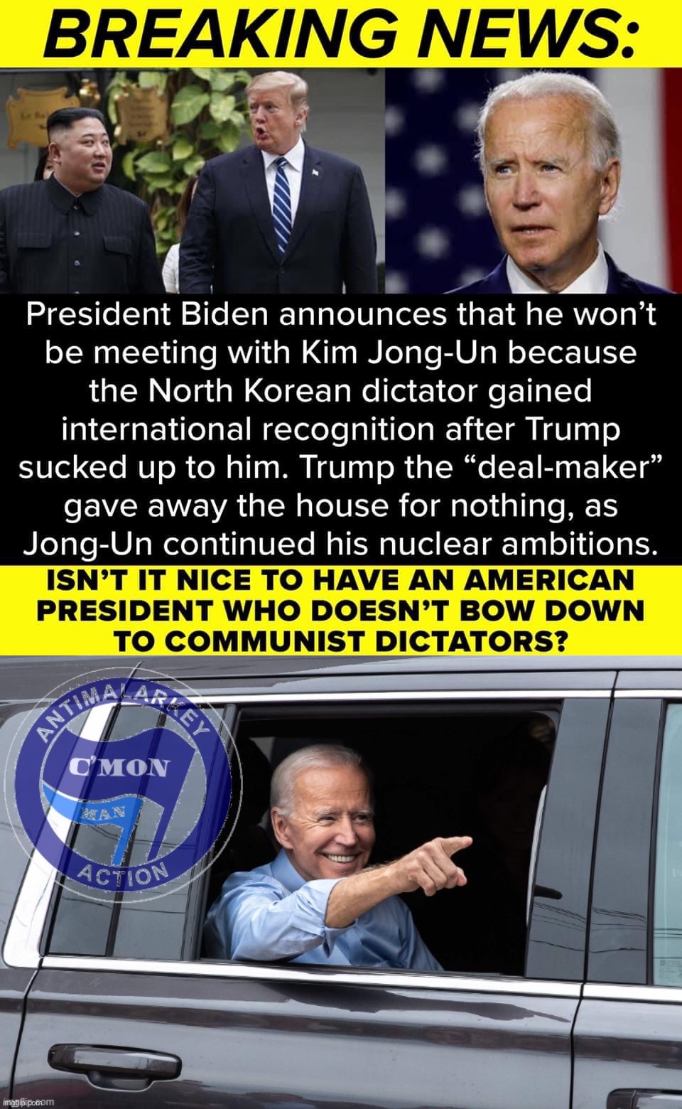 Funny how Trump launched a “red scare” at home while cozying up to actual Communists abroad | image tagged in joe biden north korea,joe biden antimalarkey action,north korea,trump is an asshole,kim jong un,kim jong-un | made w/ Imgflip meme maker