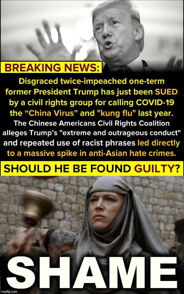 Shame upon Trump for using the Covid crisis to further divide Americans along racial lines. | image tagged in donald trump sued by civil rights group,shame bell - game of thrones,trump is an asshole,trump is a moron,bigotry,civil rights | made w/ Imgflip meme maker
