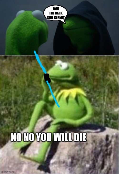 JOIN THE DARK SIDE KERMIT; NO NO YOU WILL DIE | image tagged in memes,evil kermit,blank kermit waiting | made w/ Imgflip meme maker
