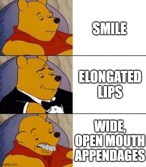 Best,Better, Blurst | SMILE; ELONGATED LIPS; WIDE, OPEN MOUTH APPENDAGES | image tagged in best better blurst | made w/ Imgflip meme maker