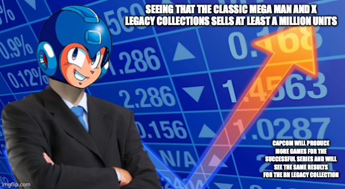 Recent Mega Man Successes | SEEING THAT THE CLASSIC MEGA MAN AND X LEGACY COLLECTIONS SELLS AT LEAST A MILLION UNITS; CAPCOM WILL PRODUCE MORE GAMES FOR THE SUCCESSFUL SERIES AND WILL SEE THE SAME RESULTS FOR THE BN LEGACY COLLECTION | image tagged in megaman,memes | made w/ Imgflip meme maker