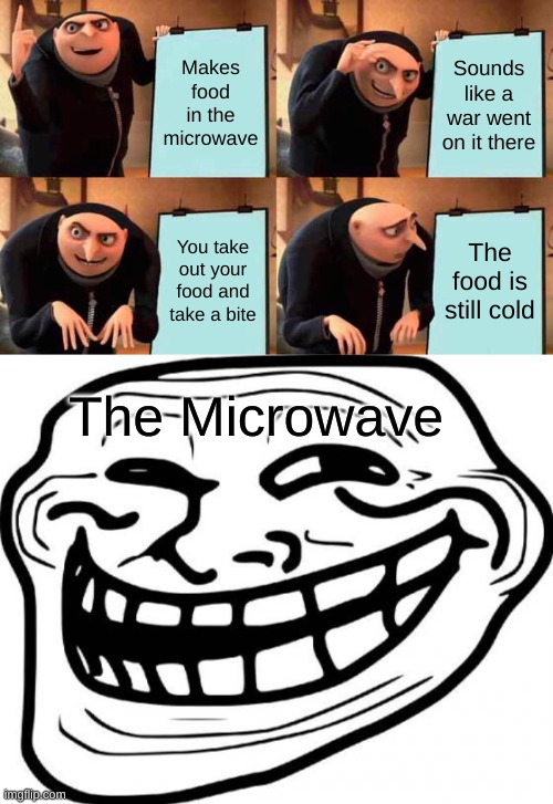 Makes food in the microwave; Sounds like a war went on it there; You take out your food and take a bite; The food is still cold; The Microwave | image tagged in memes,gru's plan,troll face | made w/ Imgflip meme maker