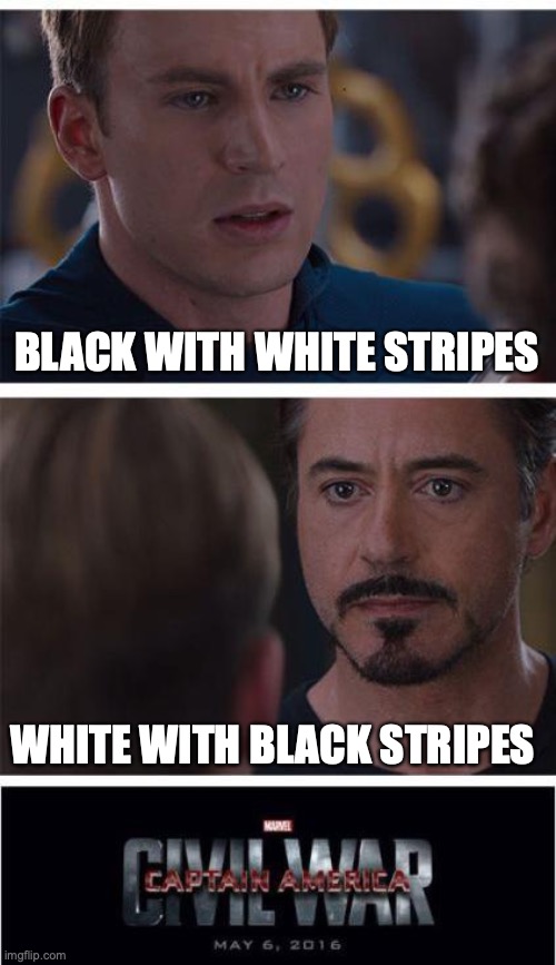 Marvel Civil War 1 | BLACK WITH WHITE STRIPES; WHITE WITH BLACK STRIPES | image tagged in memes,marvel civil war 1,zebra | made w/ Imgflip meme maker