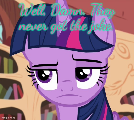 Unamused Twilight Sparkle (MLP) | Well, Damn. They never got the joke. | image tagged in unamused twilight sparkle mlp | made w/ Imgflip meme maker