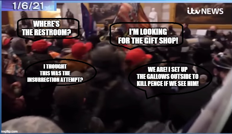 Jan 6 Insurrection | WHERE'S THE RESTROOM? I'M LOOKING FOR THE GIFT SHOP! I THOUGHT THIS WAS THE INSURRECTION ATTEMPT? WE ARE! I SET UP THE GALLOWS OUTSIDE TO KILL PENCE IF WE SEE HIM! | image tagged in jan 6 insurrection | made w/ Imgflip meme maker