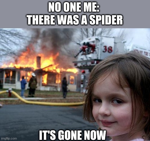 Its gone now | NO ONE ME: 
THERE WAS A SPIDER; IT'S GONE NOW | image tagged in memes,disaster girl | made w/ Imgflip meme maker