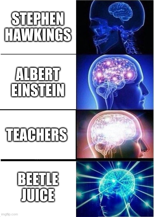 Expanding Brain Meme |  STEPHEN HAWKINGS; ALBERT EINSTEIN; TEACHERS; BEETLE JUICE | image tagged in memes,expanding brain | made w/ Imgflip meme maker
