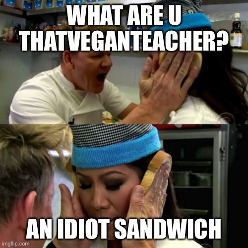 Gordon Ramsay Idiot Sandwich | WHAT ARE U THATVEGANTEACHER? AN IDIOT SANDWICH | image tagged in gordon ramsay idiot sandwich | made w/ Imgflip meme maker