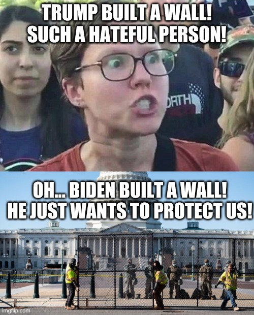 Hmmmmm..... | TRUMP BUILT A WALL! SUCH A HATEFUL PERSON! OH... BIDEN BUILT A WALL! HE JUST WANTS TO PROTECT US! | image tagged in triggered liberal | made w/ Imgflip meme maker