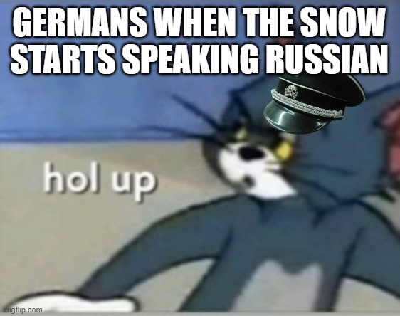 Hol up | GERMANS WHEN THE SNOW STARTS SPEAKING RUSSIAN | image tagged in hol up | made w/ Imgflip meme maker