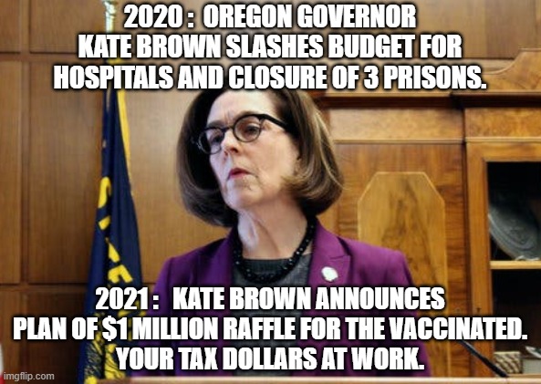 Show Me da Money | 2020 :  OREGON GOVERNOR KATE BROWN SLASHES BUDGET FOR HOSPITALS AND CLOSURE OF 3 PRISONS. 2021 :   KATE BROWN ANNOUNCES PLAN OF $1 MILLION RAFFLE FOR THE VACCINATED.
YOUR TAX DOLLARS AT WORK. | image tagged in kate brown,governor,oregon,lottery,covid,liberals | made w/ Imgflip meme maker