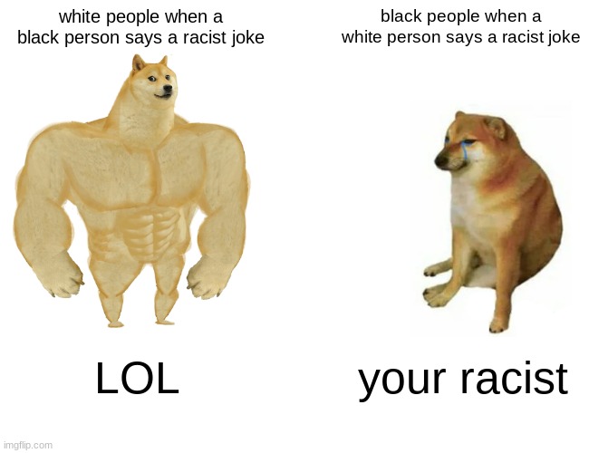 Buff Doge vs. Cheems | white people when a black person says a racist joke; black people when a white person says a racist joke; LOL; your racist | image tagged in memes,buff doge vs cheems | made w/ Imgflip meme maker