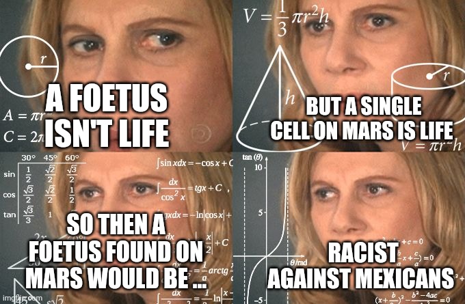 Libs be like : | A FOETUS ISN'T LIFE; BUT A SINGLE CELL ON MARS IS LIFE; SO THEN A FOETUS FOUND ON MARS WOULD BE ... RACIST AGAINST MEXICANS | image tagged in calculating meme | made w/ Imgflip meme maker