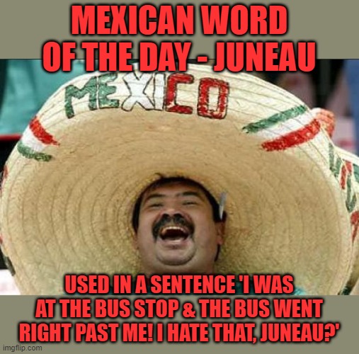 It's also the capital of Alaska. | MEXICAN WORD OF THE DAY - JUNEAU; USED IN A SENTENCE 'I WAS AT THE BUS STOP & THE BUS WENT RIGHT PAST ME! I HATE THAT, JUNEAU?' | image tagged in mexican word of the day | made w/ Imgflip meme maker