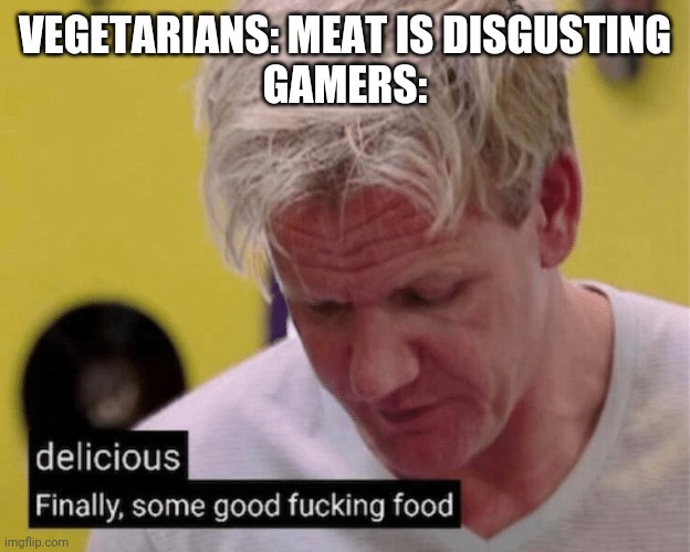 delicious finally some good | VEGETARIANS: MEAT IS DISGUSTING
GAMERS: | image tagged in delicious finally some good | made w/ Imgflip meme maker