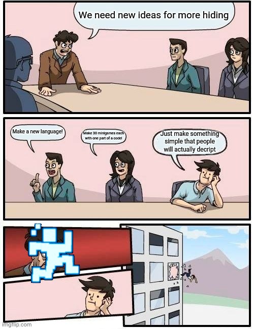 Good luck reading the girls speech bubble | We need new ideas for more hiding; Make a new language! Make 30 minigames each with one part of a code! Just make something simple that people will actually decript | image tagged in memes,boardroom meeting suggestion | made w/ Imgflip meme maker