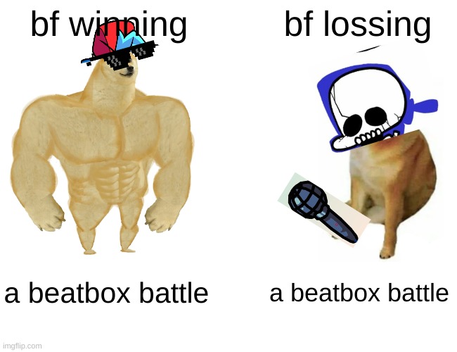 Buff Doge vs. Cheems | bf winning; bf lossing; a beatbox battle; a beatbox battle | image tagged in memes,buff doge vs cheems | made w/ Imgflip meme maker