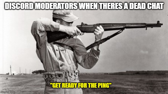 Explanation: When an M1 Garand runs out of ammo, it makes an Iconic ping noise when unloading the clip |  DISCORD MODERATORS WHEN THERES A DEAD CHAT; "GET READY FOR THE PING" | image tagged in ping | made w/ Imgflip meme maker