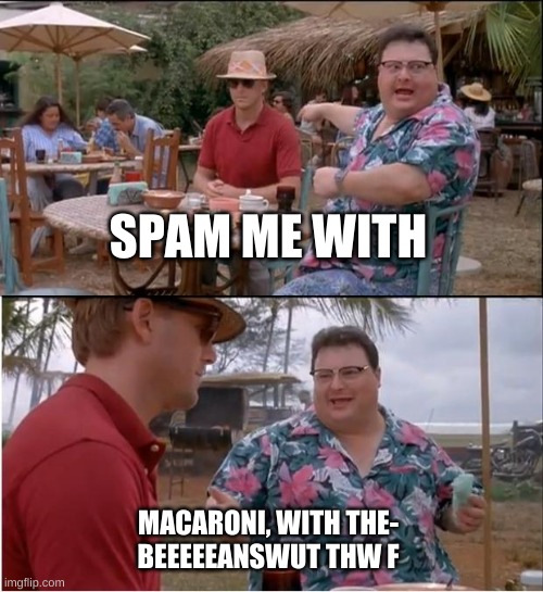 See Nobody Cares Meme | SPAM ME WITH; MACARONI, WITH THE-
BEEEEEANSWUT THW F | image tagged in memes,see nobody cares | made w/ Imgflip meme maker