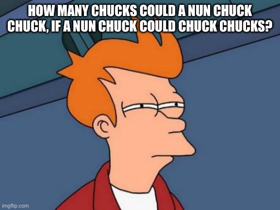 Futurama Fry Meme | HOW MANY CHUCKS COULD A NUN CHUCK CHUCK, IF A NUN CHUCK COULD CHUCK CHUCKS? | image tagged in memes,futurama fry | made w/ Imgflip meme maker