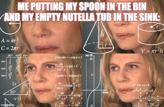 Calculating meme | ME PUTTING MY SPOON IN THE BIN AND MY EMPTY NUTELLA TUB IN THE SINK: | image tagged in calculating meme | made w/ Imgflip meme maker