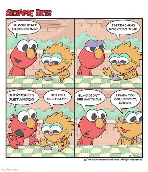 Due to how I keep seeing 'Elmo getting angry over a rock' videos in my recommendations, I decided to post this | image tagged in rocco,funny,comics/cartoons,sesame street,elmo | made w/ Imgflip meme maker