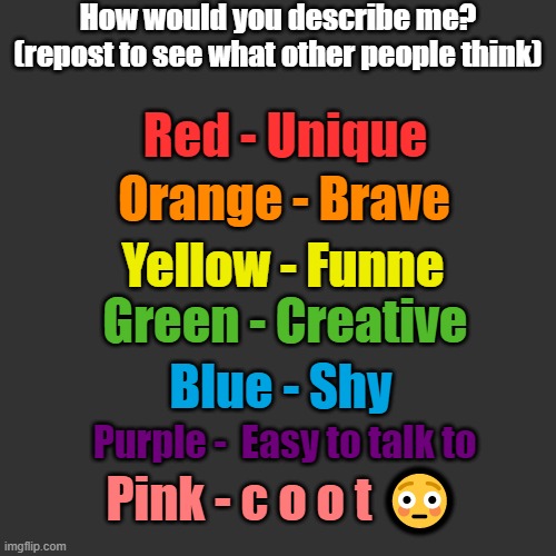 ye im bored made this thingg | How would you describe me?
(repost to see what other people think); Red - Unique; Orange - Brave; Yellow - Funne; Green - Creative; Blue - Shy; Purple -  Easy to talk to; Pink - c o o t 😳 | image tagged in memes,blank transparent square | made w/ Imgflip meme maker