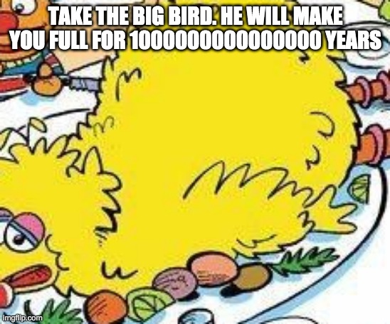 TAKE THE BIG BIRD. HE WILL MAKE YOU FULL FOR 1000000000000000 YEARS | made w/ Imgflip meme maker