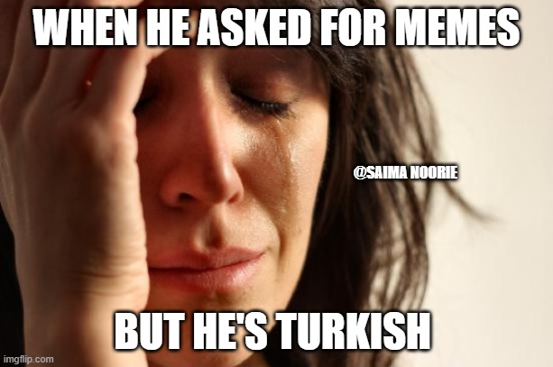 Memes In Turkish | WHEN HE ASKED FOR MEMES; @SAIMA NOORIE; BUT HE'S TURKISH | image tagged in memes,first world problems | made w/ Imgflip meme maker