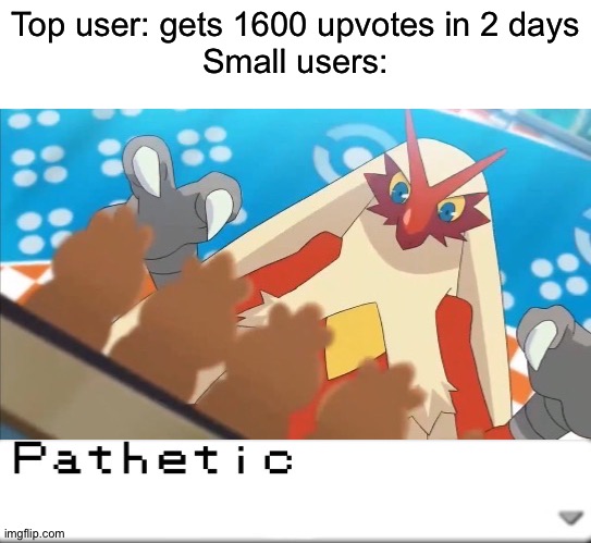 Pathetic (Blaziken) | Top user: gets 1600 upvotes in 2 days
Small users: | image tagged in pathetic blaziken | made w/ Imgflip meme maker