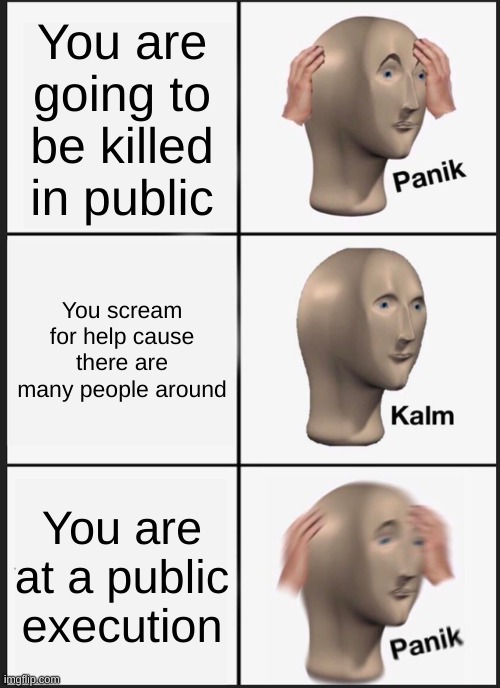 the mitochondria is the powerhouse of the cell | You are going to be killed in public; You scream for help cause there are many people around; You are at a public execution | image tagged in memes,panik kalm panik,execution,public,help | made w/ Imgflip meme maker