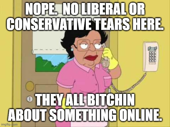 Consuela |  NOPE.  NO LIBERAL OR CONSERVATIVE TEARS HERE. THEY ALL BITCHIN ABOUT SOMETHING ONLINE. | image tagged in memes,consuela | made w/ Imgflip meme maker